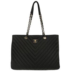 Chanel Black Calfskin Chevron Shopping Tote Chain Handbag